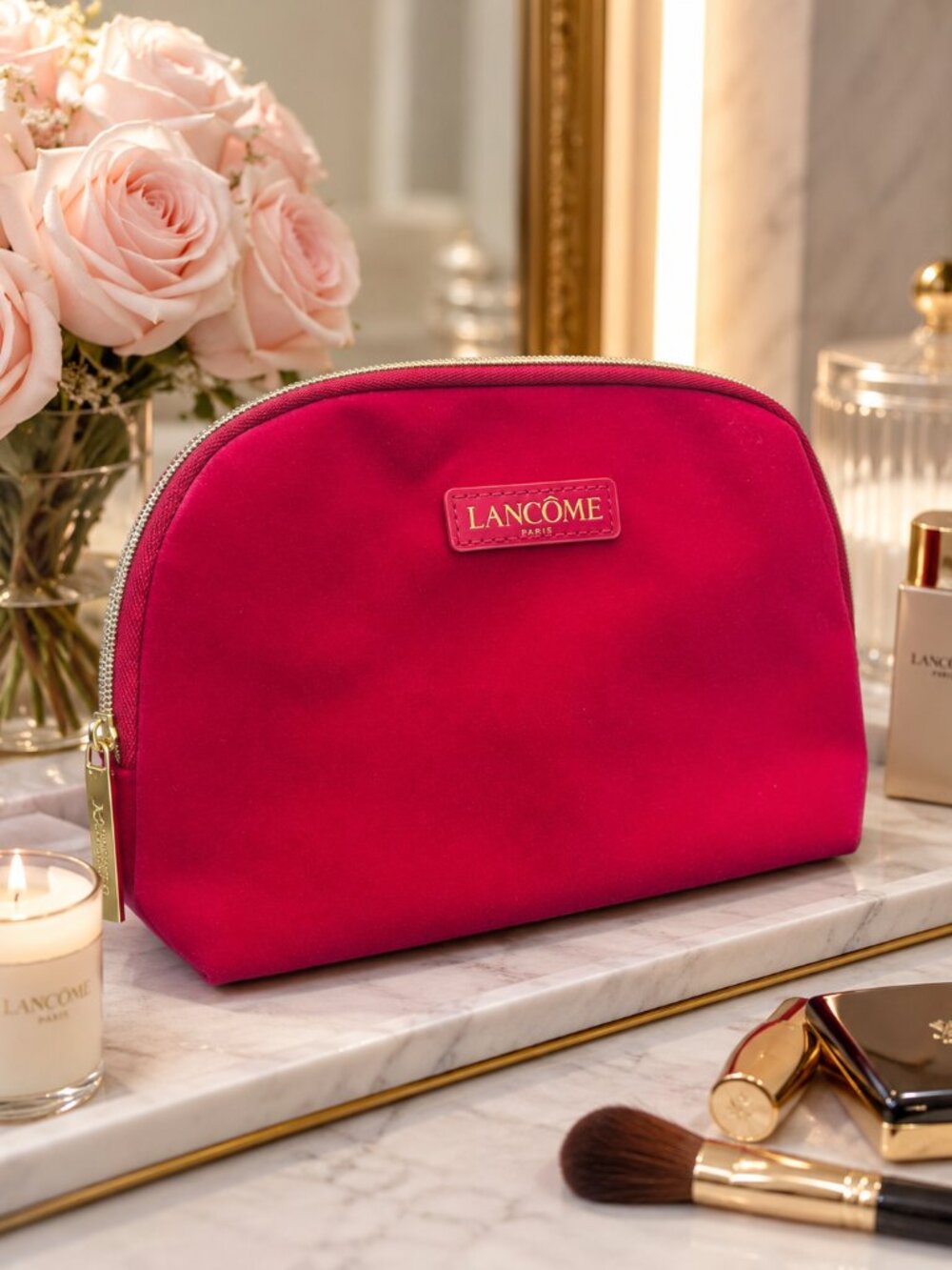 Lancôme Paris Fuchsia Velour Cosmetic Makeup Bag Gold Zip Travel Pouch